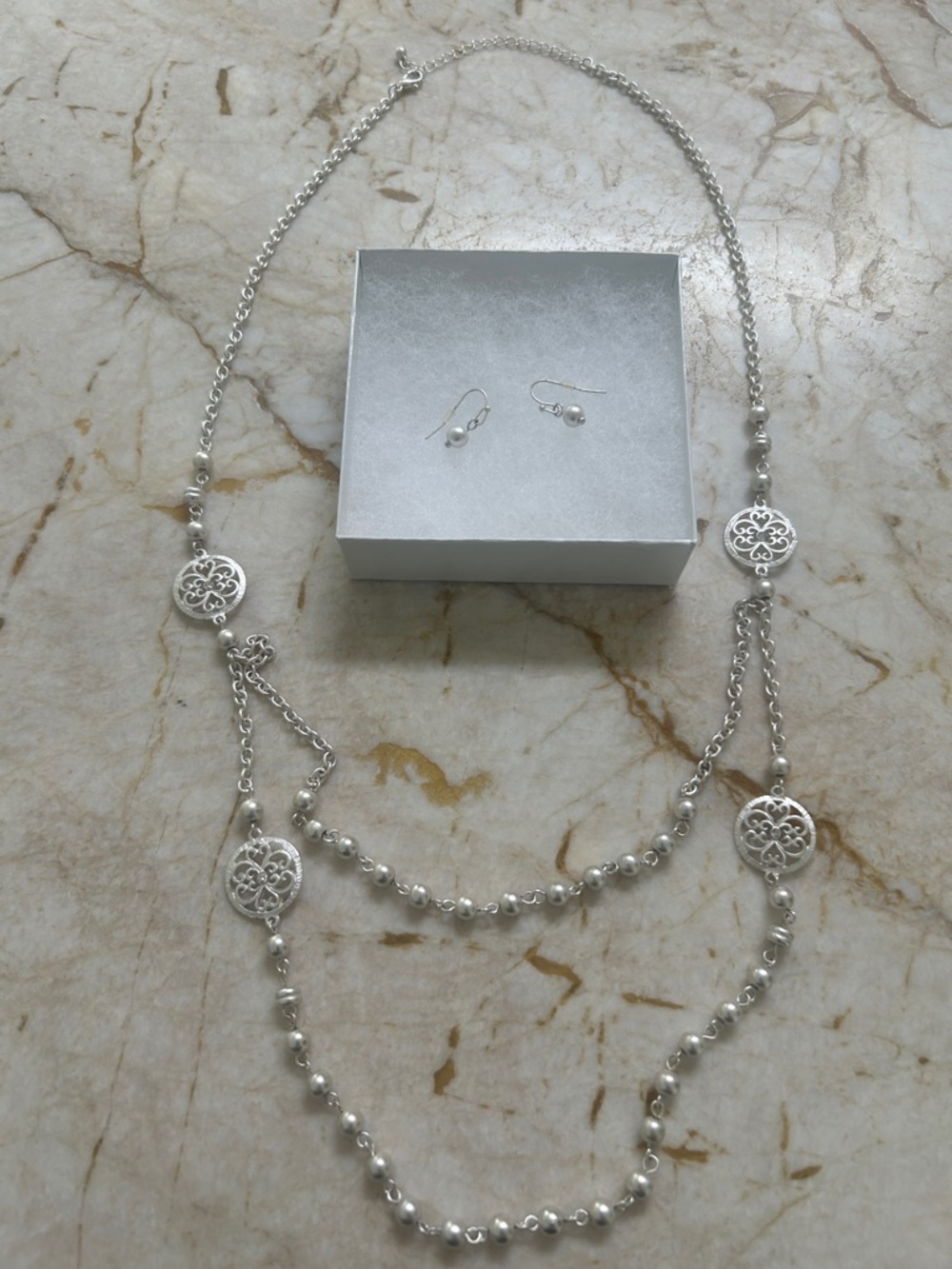 Elegant Silver Pearl Long Necklace with Matching Earrings